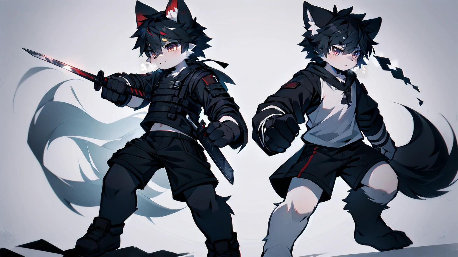 White Wolf，black hair，Red eyes，Wolf ears，Wolf Tail，juvenile，male，hairy，Hair，Half body armor，Combat uniform，Silver and black clothing，Handsome，Handsome，shorts，The forearm is exposed，leg，Fighting Stance，Duel，Two people，Anxious，Armed with a sword，Simple background，Swords