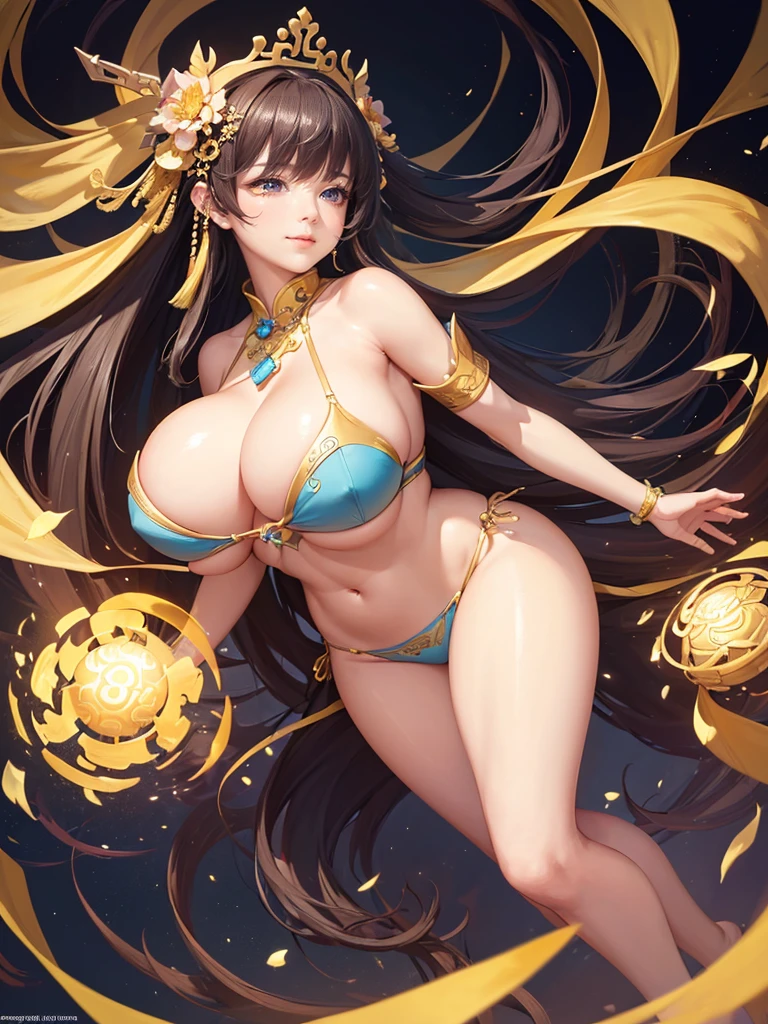 a woman in a yellow honfu with flowers on her head, a beautiful fantasy empress, inspired by Ju Lian, inspired by Li Mei-shu, yun ling, inspired by Lan Ying, inspired by Wu Zuoren, inspired by Wu Bin, inspired by Pu Hua, ((a beautiful fantasy empress)), inspired by Qiu Ying, inspired by Wu Li, , Highly detailed CG unit 8k wallpaper, masterpiece, High resolution, highest quality, highest quality real texture skin, Super Real, Digital Painting, Best image quality, 最High resolution, 8k, ((Highly detailed eyes and face, Beautiful eyes every detail)), 1girl, Full Body Shot, ((Saggy breasts, Gravity-dependent breasts, long chest, Heavy chest, disproportionate breasts, huge breasts, sagging breasts, gigantic breasts)), smile, (profile), honfu, light blue,