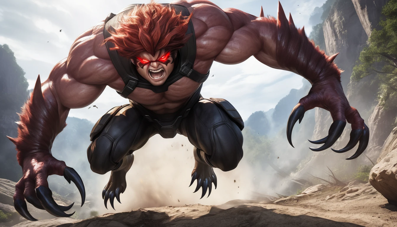 solo, breath (ultra detailed), a beautiful and detailed full size portrait of a male anthro batzz, demon lord dragon batzz, dragon tail, green eyes, glowing eyes, black body, black skin, long hair, red hair, horns, scar, tail, bedroom eyes, detailed eyes, big body, sexy body, (wide body). goddess, kenket, Ross Tran,ruan jia, trending on artstation,foxovh, cenematic lighting, buff, big pecs, muscular anthro, spike arms, strong legs, ((big pecs, nipples, big pecs, blue shorts, bulge))), day, wet, front view, standing, seductive, pose, sexy, visible feets, open mouth, ruins, against wall, sweating,
