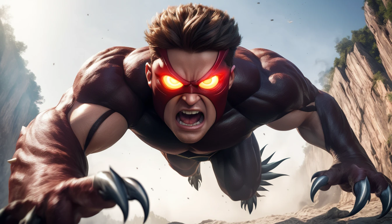 Realistic photos, RAW Photos, Cyclops, attacks viewer, Powerful movements, jump on prey, ((Dynamic jump)), Sharp Claws, Cyclops approaching from above, sudden approach, Bad-tempered, dynamic Shot from grand