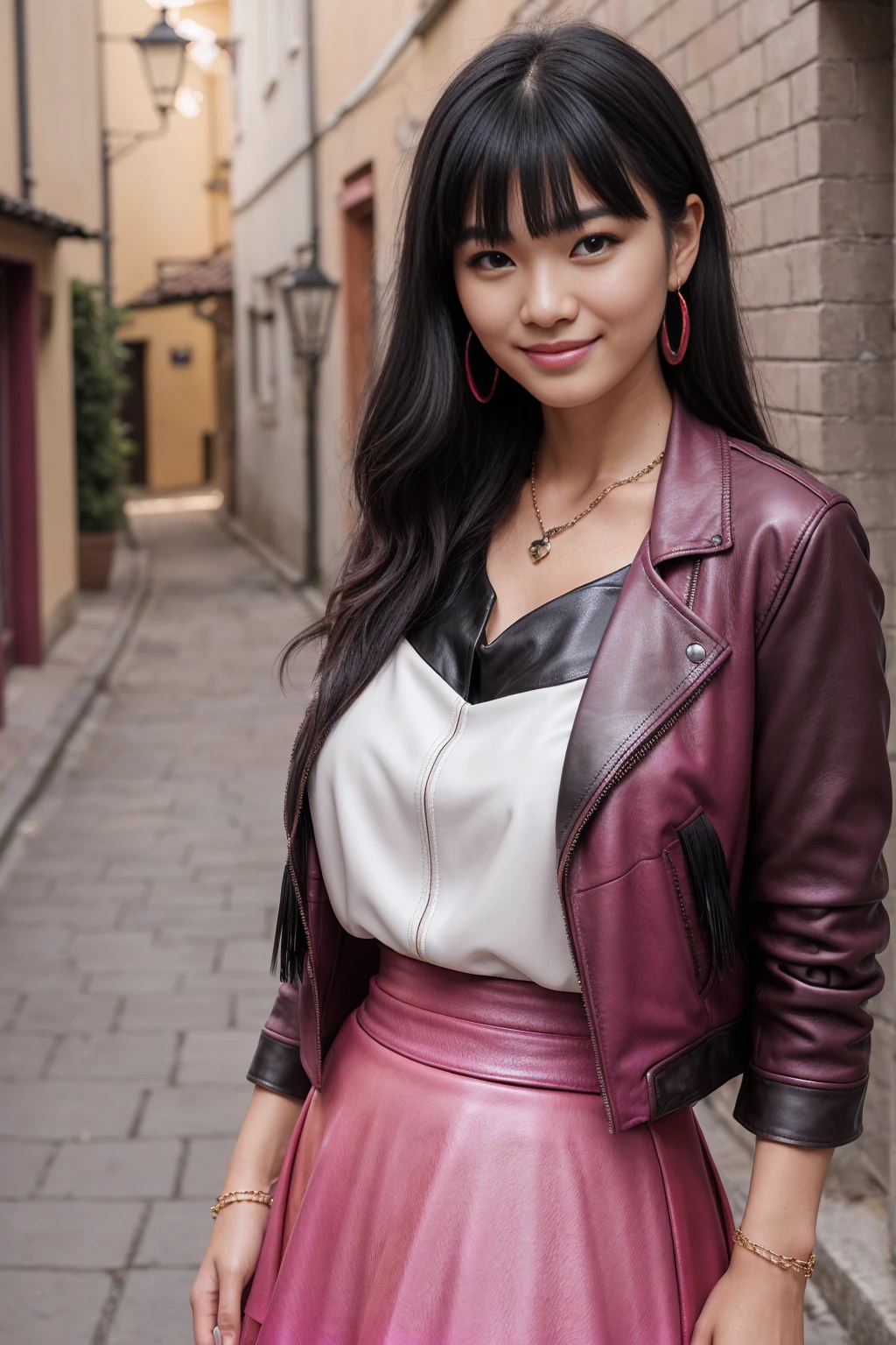 Half-length glamour portrait, nikon D850, f1.6 lens, 200mm, DSLR, 22 Megapixels, (((Colorful alley in the old town scene))), shot of a stunning 19 years old korean girl, (smile:1.4), (wearing Vermilion skirt with Dark magenta blouse and leather jacket:1.6), ((seductive pose)), hot girl, (((big natural breasts))), (((black fringe hair))), ( girl), symmetrical face, photorealistic, photography, (bright natural lighting), gorgeous, deep cleavage, (masterpiece), best quality, high resolution, extremely detailed, cinematic lighting, (((very narrow waist))), rich colors, hyper realistic, lifelike texture, ((jewelry)), (((She has beautiful hands and wears rings))), (bracelet), (necklace), (ankle chain), (nail polish) (earrings), Fuji Superia 200, 8k
