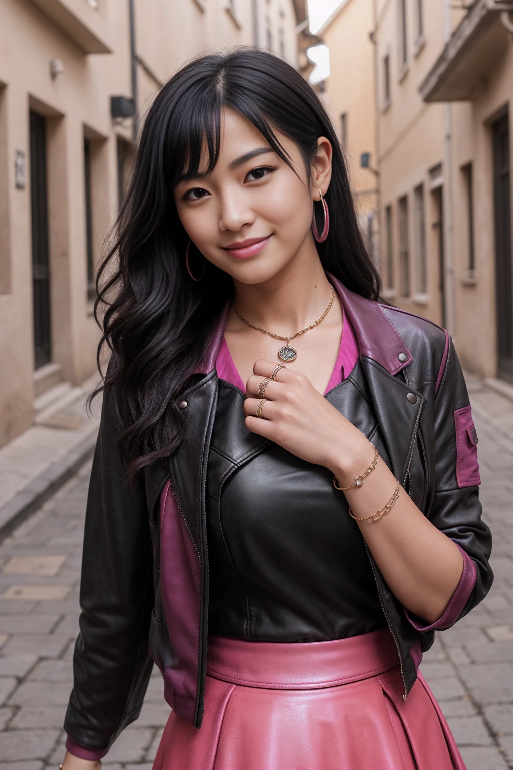 Half-length glamour portrait, nikon D850, f1.6 lens, 200mm, DSLR, 22 Megapixels, (((Colorful alley in the old town scene))), shot of a stunning 19 years old korean girl, (smile:1.4), (wearing Vermilion skirt with Dark magenta blouse and leather jacket:1.6), ((seductive pose)), hot girl, (((big natural breasts))), (((black fringe hair))), (small girl), symmetrical face, photorealistic, photography, (bright natural lighting), gorgeous, deep cleavage, (masterpiece), best quality, high resolution, extremely detailed, cinematic lighting, (((very narrow waist))), rich colors, hyper realistic, lifelike texture, ((jewelry)), (((She has beautiful hands and wears rings))), (bracelet), (necklace), (ankle chain), (nail polish) (earrings), Fuji Superia 200, 8k
