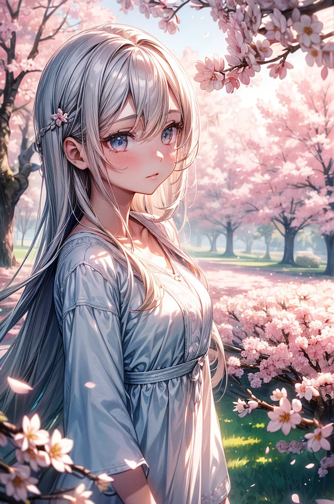 a girl, anime style, walking in a park, cherry blossom trees, detailed face, beautiful eyes, long eyelashes, delicate features, flowing hair, light and airy atmosphere, soft pastel colors, sunlight filtering through trees, petals floating in the air, intricate floral patterns, serene and peaceful setting, high quality, 8k, vivid colors, detailed textures, photorealistic, cinematic lighting, masterpiece