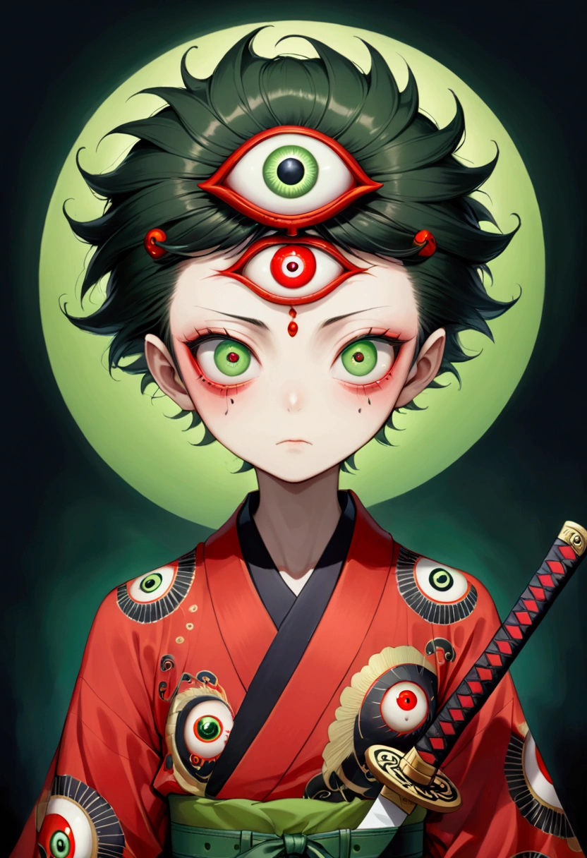 Japanese Anime，Second Dimension，Horror style，horror character，(((Three-eyed boy，Vertical Eye，third eye on the forehead:1.1.))),(((Gorgeous Japanese red kimono，Eye pattern，Dark Pattern))).(((Thin waist，Green belt：1.6))).(((Samurai sword)))，Black background blur
