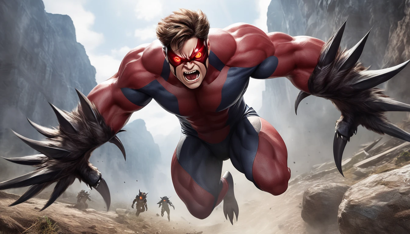 Realistic photos, RAW Photos, Cyclops, attacks viewer, Powerful movements, jump on prey, ((Dynamic jump)), Sharp Claws, Cyclops approaching from above, sudden approach, Bad-tempered, dynamic Shot from grand