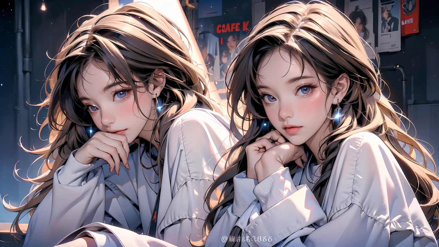 masterpiece、high resolution 8k、NSFW、sharp focus、contrast lighting、fine skin、muste piece、 highest quality、Ultra - High resolution、Super high resolution、Highly detailed CG, realisticlying, 1 girl, Beautiful, wearing headphones, enjoying hot coffee solo, Late Night Cafe, looking to viewer, city, starry sky, cloud, night.