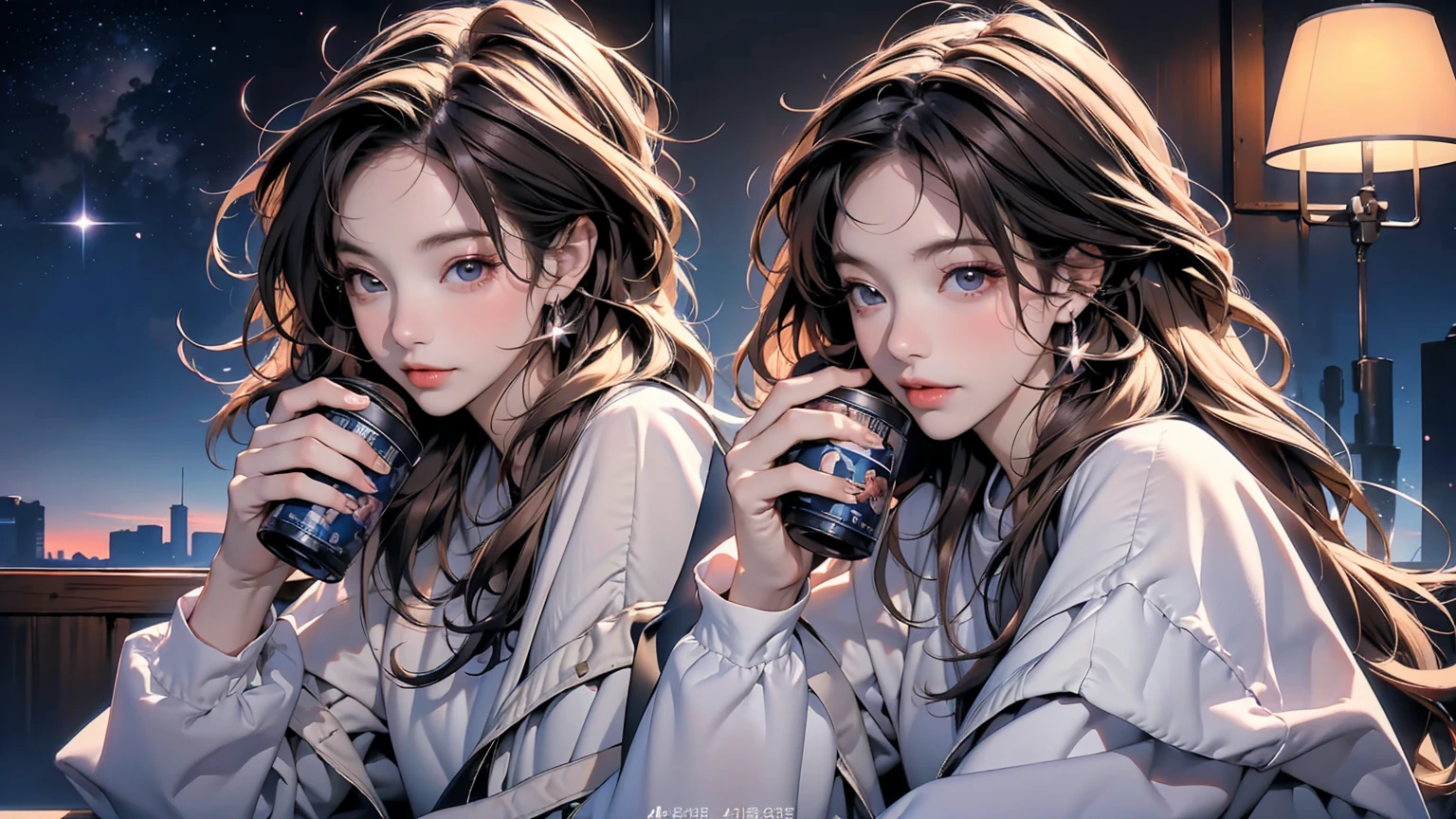 masterpiece、high resolution 8k、NSFW、sharp focus、contrast lighting、fine skin、muste piece、 highest quality、Ultra - High resolution、Super high resolution、Highly detailed CG, realisticlying, 1 girl, Beautiful, wearing headphones, enjoying hot coffee solo, Late Night Cafe, looking to viewer, city, starry sky, cloud, night.