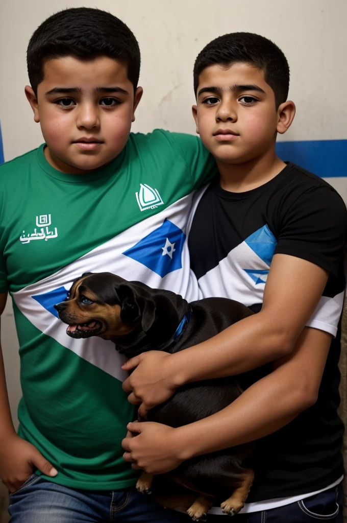 Can u create an image of a down syndrome Palestinian boy that is a little bit overweight(not too much) thats getting bitten roughly by a scary dog that wears the israeli flag while the boy is saying : "let go habibi enough"