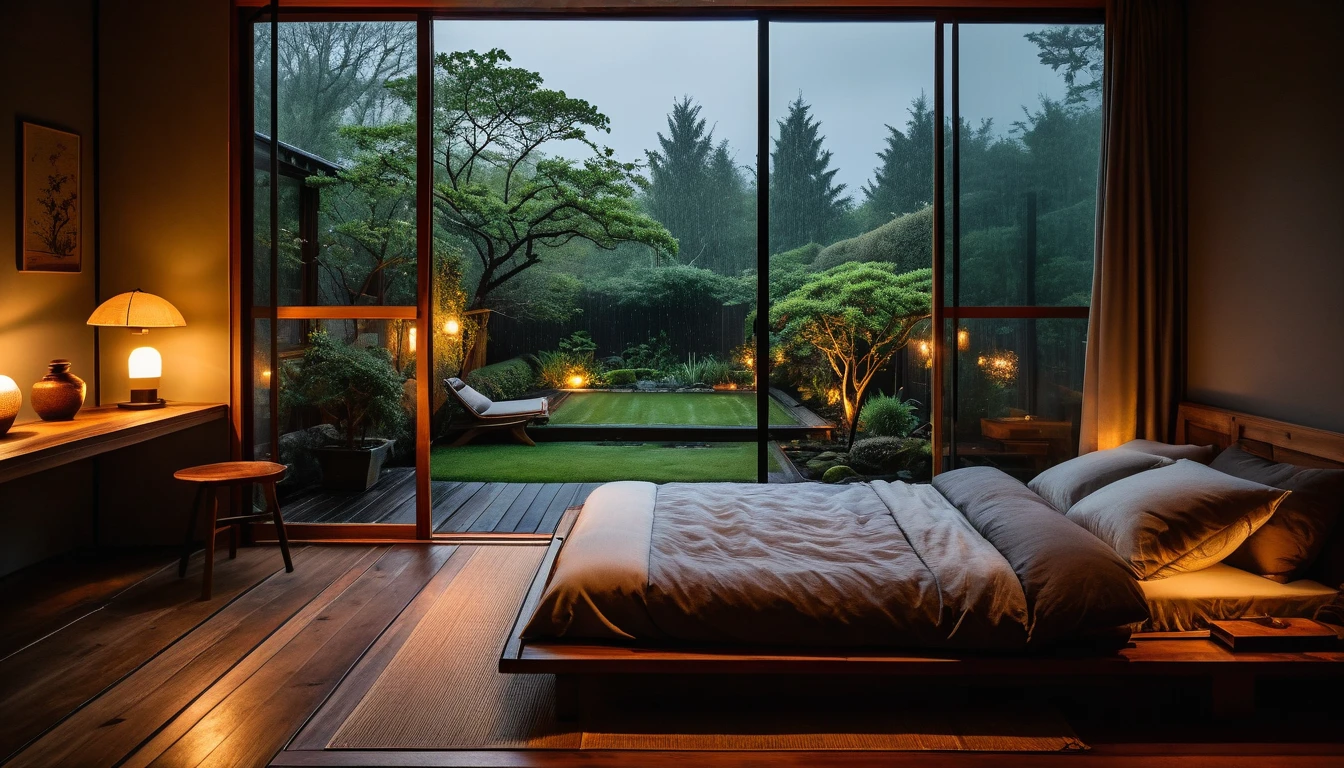 The picture shows a cozy bedroom with large windows offering views of a beautiful, dimly lit garden AND a garden filled with FLOWERS. CINEMATIC atmosphere, gloomy, dull, gloomy rain, cloudy outside JAPANESE HOUSE, dark cloudy. This room has tatami floors, shoji doors, and minimalist wooden furniture. . The bed was unmade with rumpled sheets, indicating only a light sleep. looks dim, gloomy. Beside the bed there is a small table with a classic lamp that radiates warm light into the room. Outside the window you can see the lush greenery of the terrace or balcony area, the rain is falling, the lamp on the left provides warm lighting, creating a calm and peaceful atmosphere. the room was dark, gloomy with fog obscuring part of the view in the distance. The contrast between the warmth indoors and the rain outdoors creates an inviting and calming atmosphere