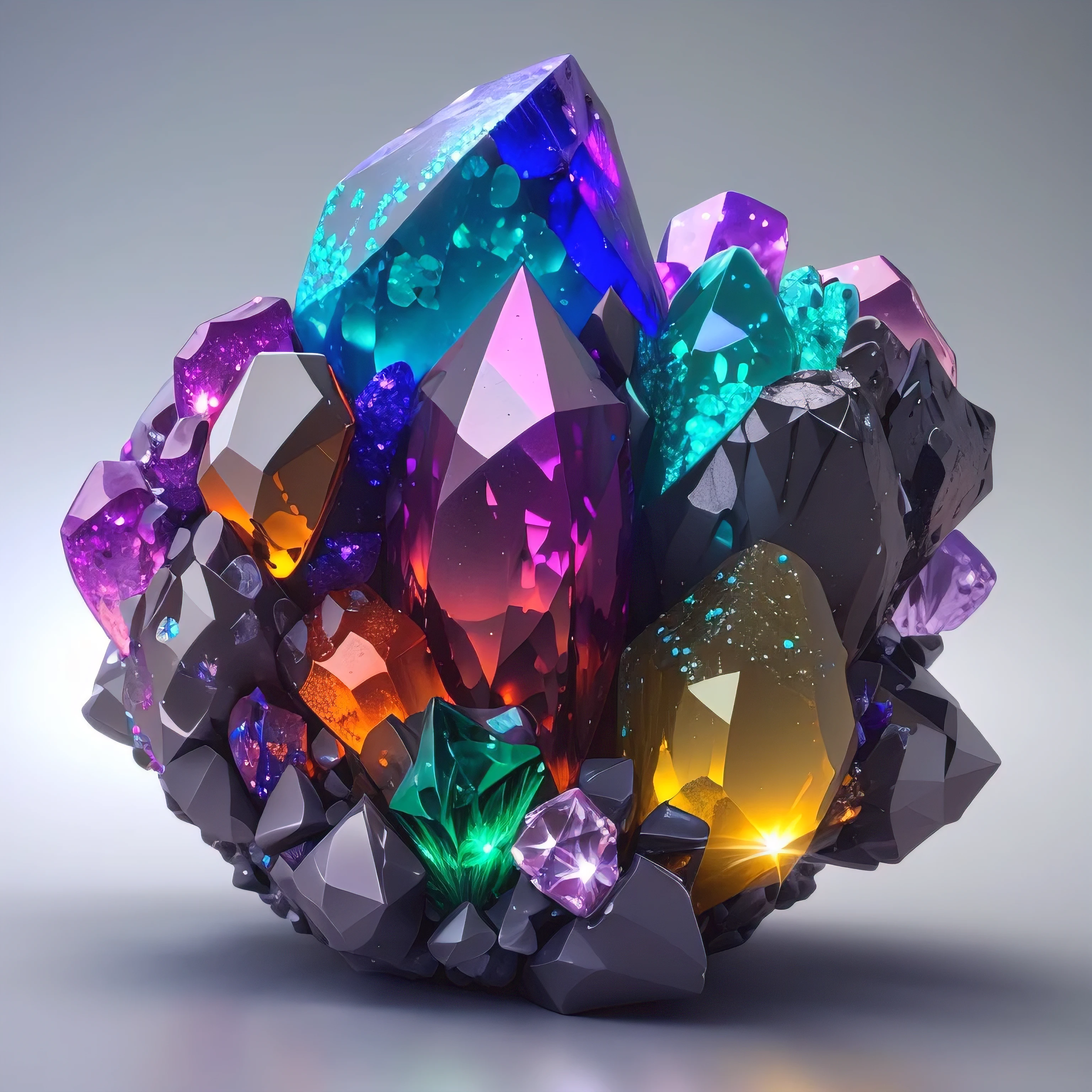 a close up of a cluster of Colorful crystals on a gray surface, Colorful 3D Crystals and Gems, Colorful 3D Crystals and gems, Gorgeous coloured gemstones and crystals, Made of multicolored crystals, Colorful crystals, 3D ray traced crystals and gems, Made of crystal, Very realistic gemstones, Colorful 3D Crystals, Jewels and treasures