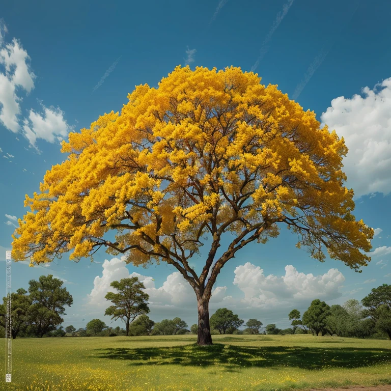 Arafed tree with yellow flowers in a grass field., a beautiful tree, sweet acacias, golden sacred tree, acacia trees, rich tree, big tree, beautiful trees, photo of a beautiful, tall tree, beautiful high resolution, breath-taking beautiful trees, breath - taking beautiful trees, beautiful sunny day, single tree, Photography, increíble Photography en color