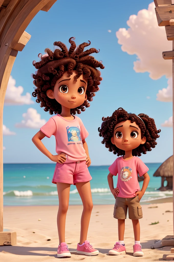 work of art, best qualityer, A 10-year-old , on the American, curly hair and brown eyes wearing a t-shirt and pink shorts, standing on the beach