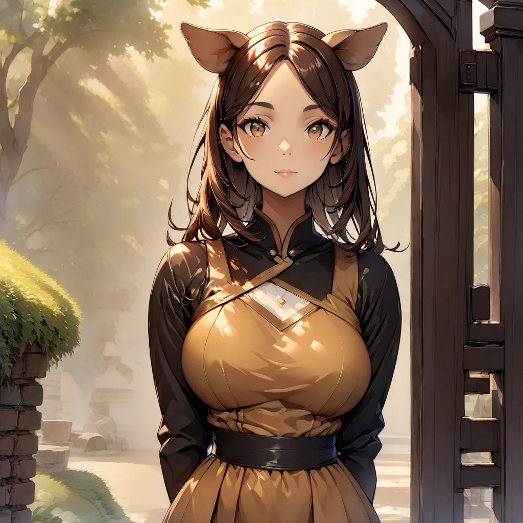 1 girl, ((masterpiece, highly detailed, HD, high quality)), Side set breasts, (breasts type: Side_set, Breasts have a wider gap between them, with nipples pointing more outward), Eyes: Large, dark brown, Nose: Small and rounded, Lips: Thin, natural pink, Hair: Long, straight, dark brown, Skin Tone: Warm medium with a golden undertone, Eyebrows: Thick and straight, Cheekbones: High and soft, Chin: Rounded, Ears: Medium-sized and close to the head, Expression: Warm and welcoming, wearing (Wool blend A-line dress), standing, (Hands Clasped in Front, Head Tilted), looking at viewer, camara lavel with face, background: outside, home front gate.