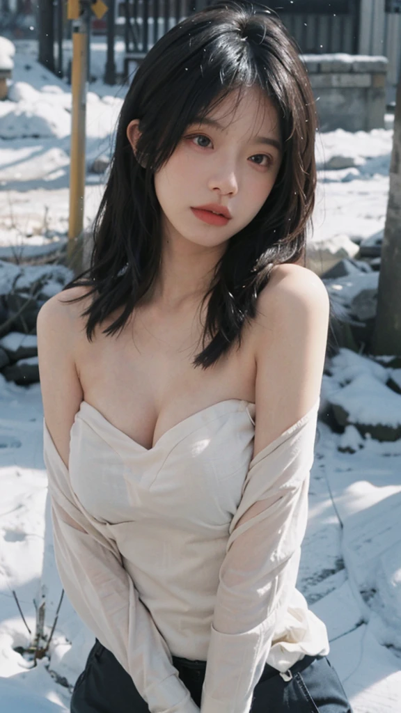 Top quality, ((Layered Haircut, Flat Chest: 1.2)), light green bandeau, light black skinny jeans, Highly detailed face and skin texture, Delicate eyes, Snow-white skin, Long hair, Full body
