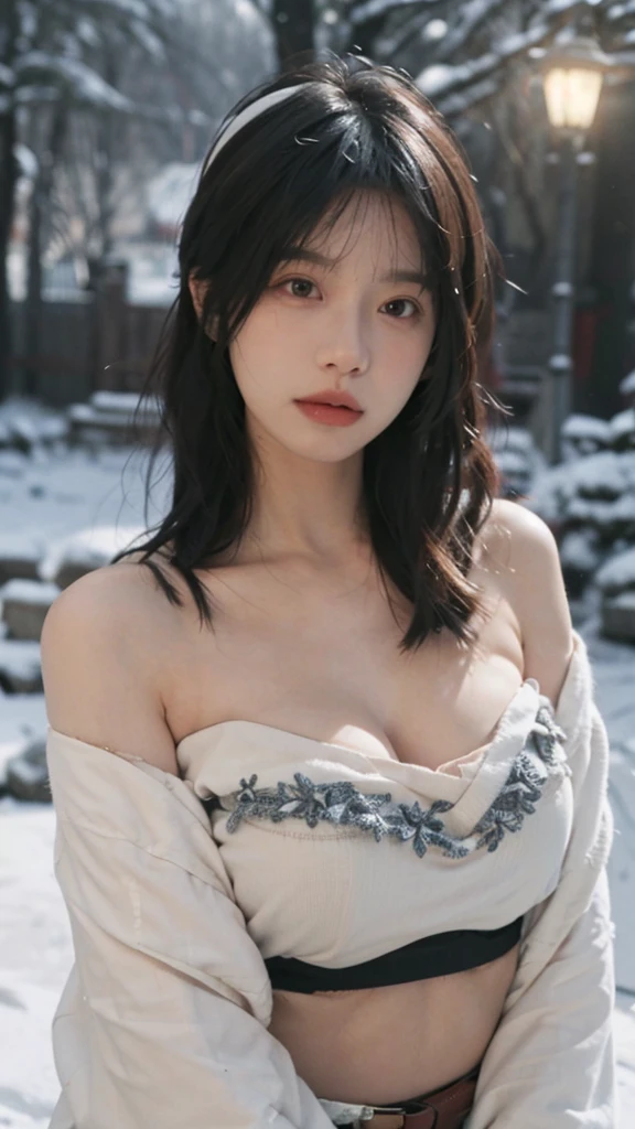 Portrait photography,1 girl,Snow Scene,Snowing background,Thickened cup strapless outer expansion underwear for women with small chest, gathered, non-slip and large, 6cm front buckle, wrapped chest, flat chest, tube top ,whole body:1.4,Lipstick,(Big Breasts:1.6),Headband,serene,calm,(Realistic and detailed eyes,Natural skin texture,Realistic facial details),