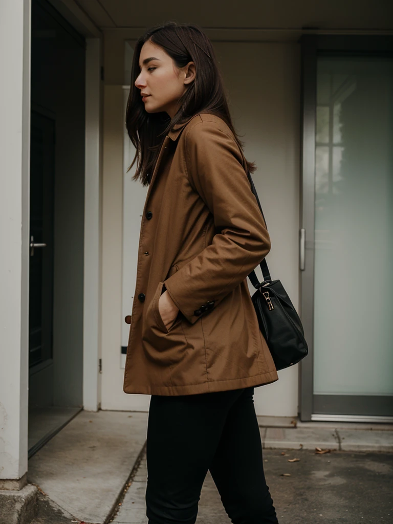 girl in profile in a brown long coat, black leggings and black heels, hands in pockets
