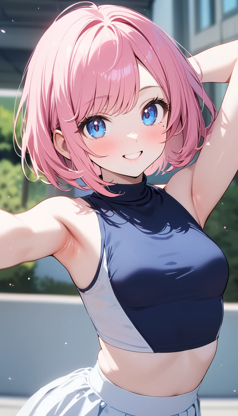 (1 girl),(Best Picture Quality, 8K, Masterpiece:1.3), (high  student:1.5), ((pink lob hair:1.1)), (bob cut),(swept bangs), (cute eyes, pupil black, iris skyblue, youthful face), (mole under right eye), (standard weight), (small breasts), (glistening skin:1.1),(pale skin:1.2),((showing armpits)),((sleeveless t-shirt)),(Smile),