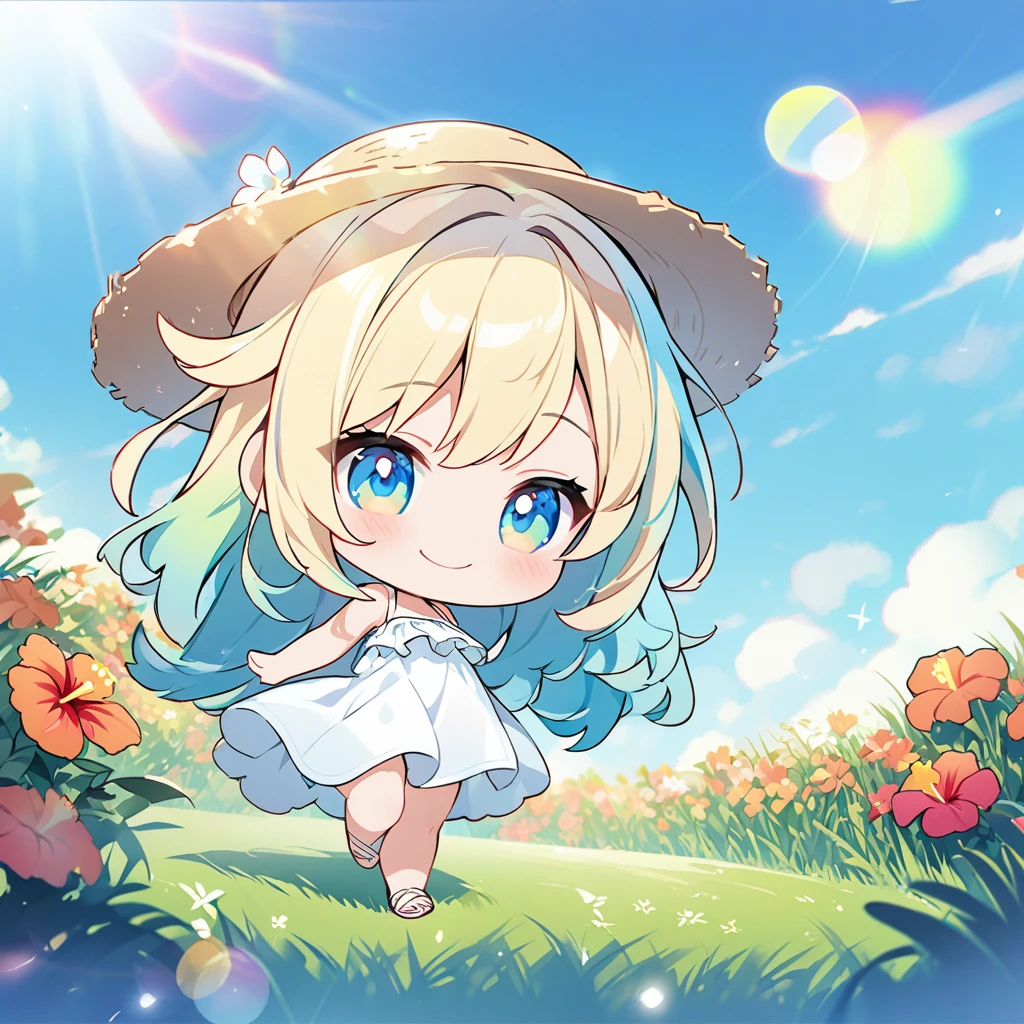 masterpiece, best quality, 4k、2D illustration, one beautiful girl, solo、(((chibi style)))、((vivid colors))、cute chibi, lovely chibi、((colorful))、((long beautiful hair)), glossy blonde hair, hair between eyes, cute, beautifully detailed eyes、((white summer dress))、((straw hat))、hibiscus hair ornament, flip-flops, ((happy smile))、((full body shot))、((summer grasslands))、((gentle breeze))、((blue sky))、sunbeam, white light, ((lens flare)), ((high color saturation)),