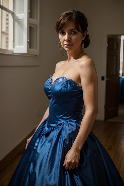 woman 50 years old in a blue ball gown facing the camera