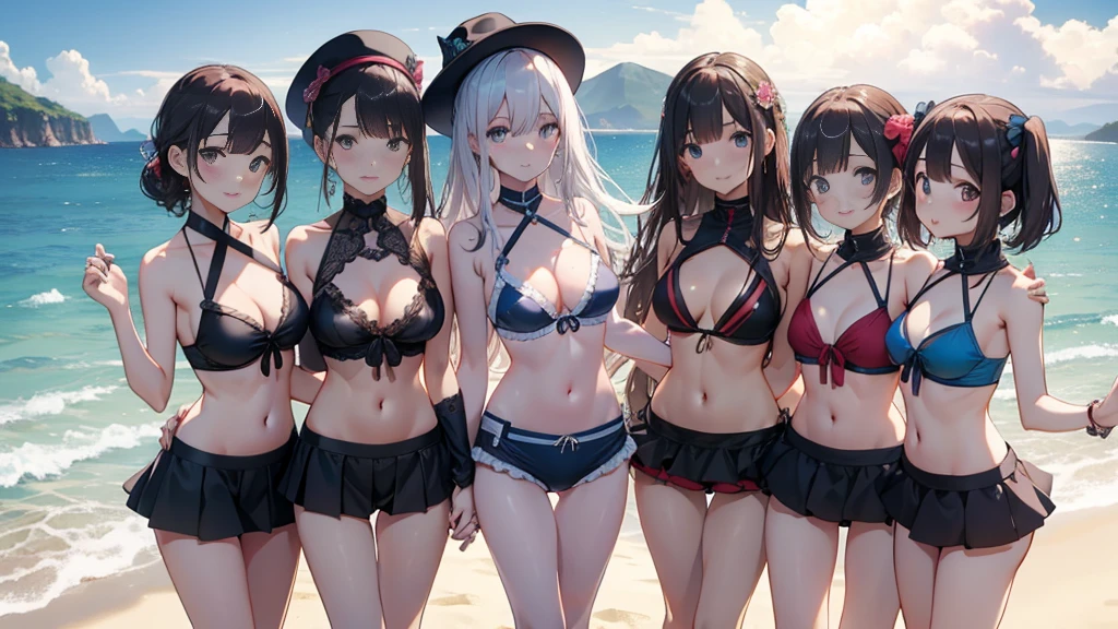 ((masterpiece, best quality, ultra quality, high quality, hyper detailed, intricate detailed, perfect anatomy, shiny skin, cowboy shot,)), (3women are posing for a camera on the beach), (Front lighting:1.5), (Lift up your shirt), (Laughing with your mouth open), Stand in line , brown hair, blond hair, navel, jewelry, looking at viewer, necklace, long hair, short hair, Abdominal muscles, panties