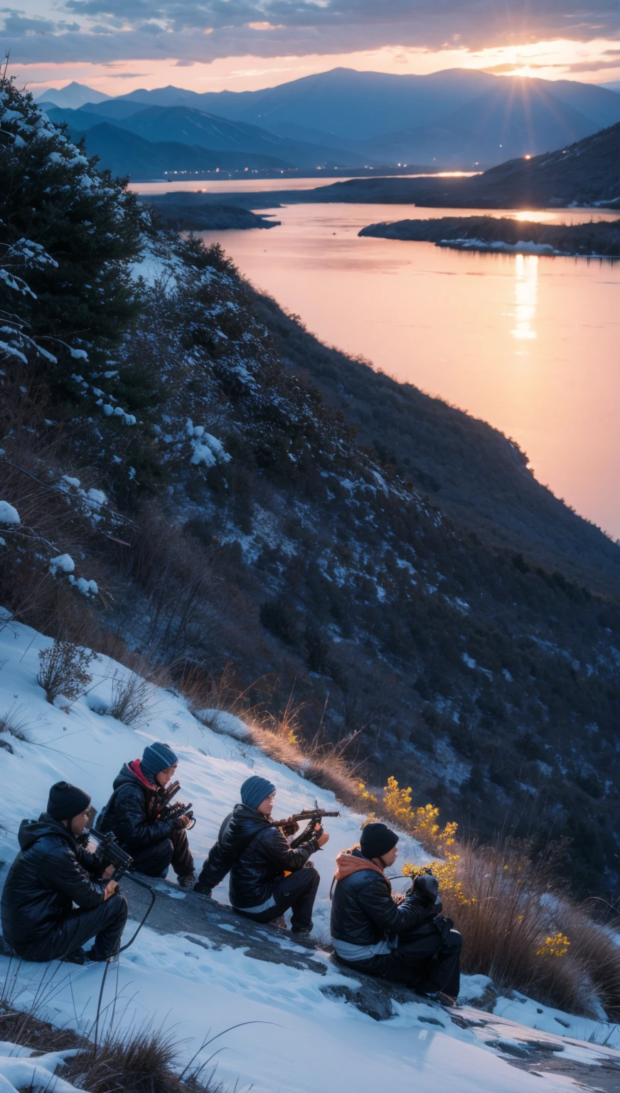 3 black agers with guns seen from shore, mountainous adventure scenery, cartoon, snow on mountain peak, dusk, starry sky, orange sky  
