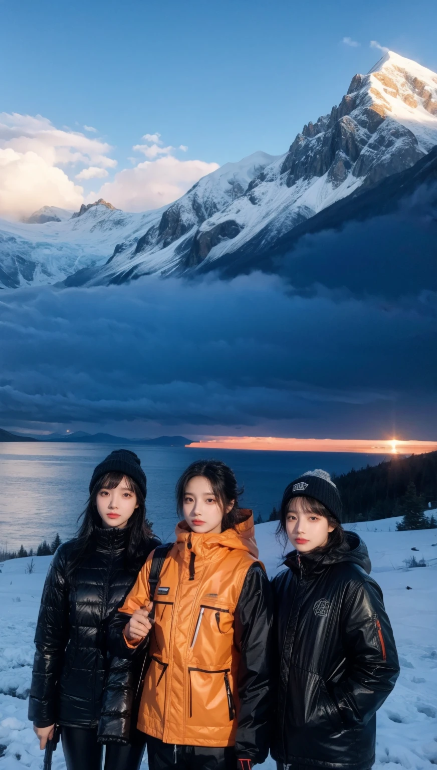 3 black agers with guns seen from shore, mountainous adventure scenery, cartoon, snow on mountain peak, dusk, starry sky, orange sky  