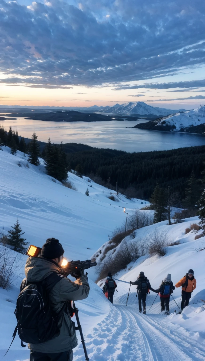 3 black teenagers with guns seen from shore, mountainous adventure scenery, cartoon, snow on mountain peak, dusk, starry sky, orange sky