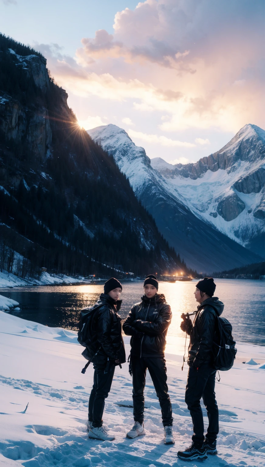 3 black teenagers with guns seen from shore, mountainous adventure scenery, cartoon, snow on mountain peak, dusk, starry sky, orange sky  