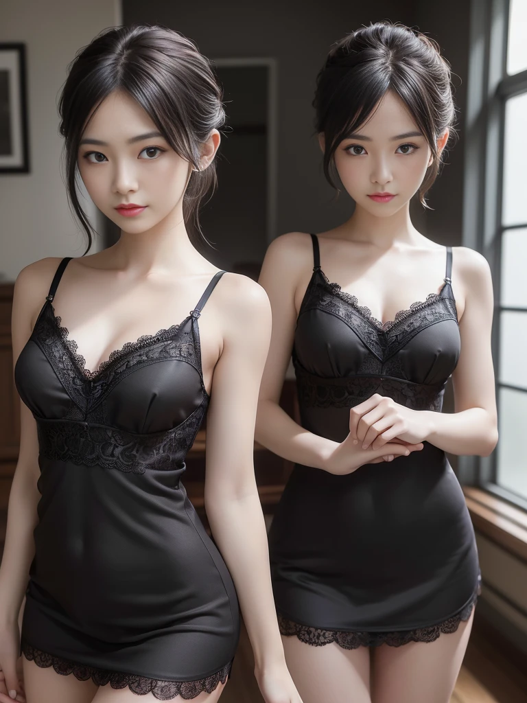 Panties, (bra:0.5),(Highly detailed CG 8k wallpaper, masterpiece, Highest quality, Super detailed), (Better lighting, Better Shadows, Very delicate and beautiful), Beautiful woman, Very sexy body, Detailed small breasts, Look straight into the camera, With a sexy look, (Black lace camisole dress:1.3),living room