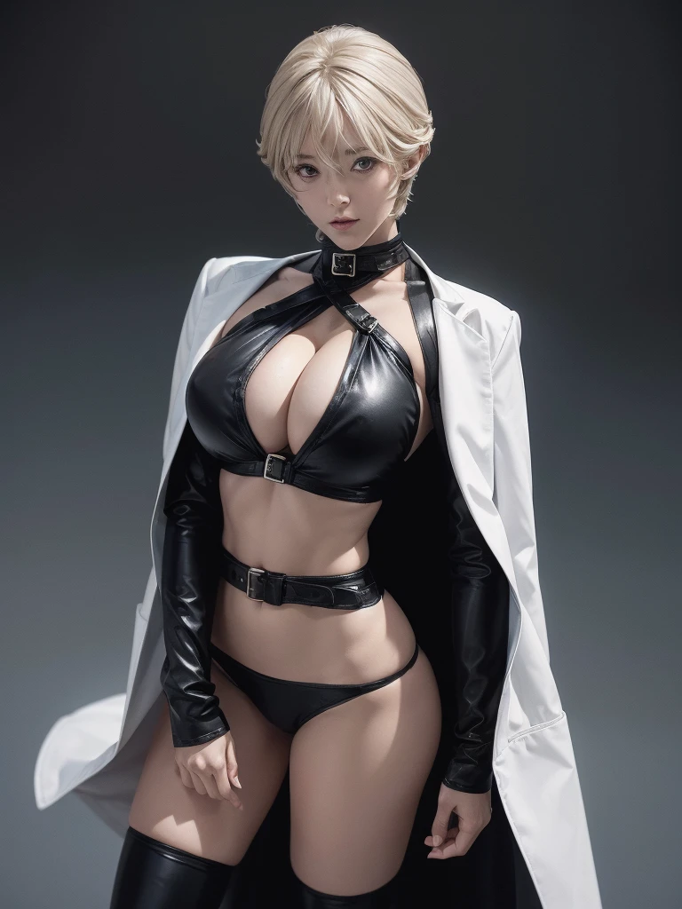 Very short hair, (masterpiece、Highest quality、Official Art), View from the front, Looking at the audience:1.5, topless, small top, White jacket:1.2, Black long boots, Black shorts, (Black bondage suit:1.2), Black collar, Black choker, Glowing Skin, Realistic:1.9, Very detailed, Full Body Shot:1.2, Cleave, Belly button pussy, Expose the center of the body, High resolution, full color photos, High detail, Extremely realistic detail, Ultimate realistic texture, Ultimate in exquisite detail, Professional photos, Sexy portrait of a girl, Voluptuous bust, Tight waist, Cleavage, Trained abdominal muscles, Big Ass,Complete the whole body, Full body image, No underwear, Highest quality, ((background:city:1.4)), Suzune, Suzune's clothes