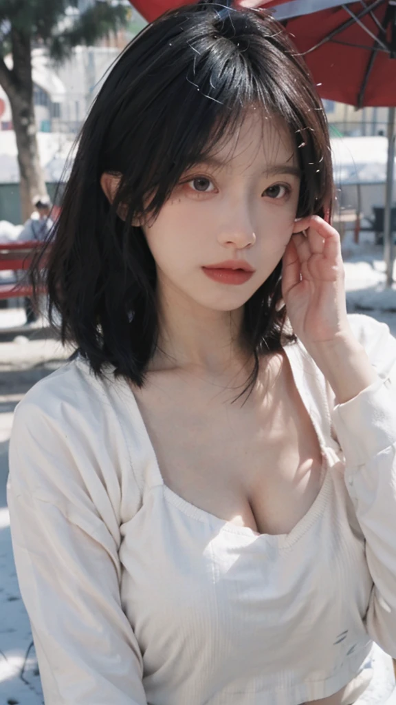 Portrait photography，1 girl，Snow Scene，Snowing background，Thickened cup strapless outer expansion underwear for women with small chest, gathered, non-slip and large, 6cm front buckle, wrapped chest, flat chest, tube top ，whole body：1.4，Lipstick，(Big Breasts:1.6)，Headband，serene，calm，(Realistic and detailed eyes，Natural skin texture，Realistic facial details)，