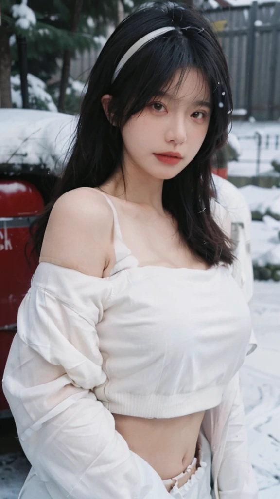 Portrait photography,1 girl,Snow Scene,Snowing background,Thickened cup strapless outer expansion underwear for women with small chest, gathered, non-slip and large, 6cm front buckle, wrapped chest, flat chest, tube top ,whole body:1.4,Lipstick,(Big Breasts:1.6),Headband,serene,calm,(Realistic and detailed eyes,Natural skin texture,Realistic facial details),