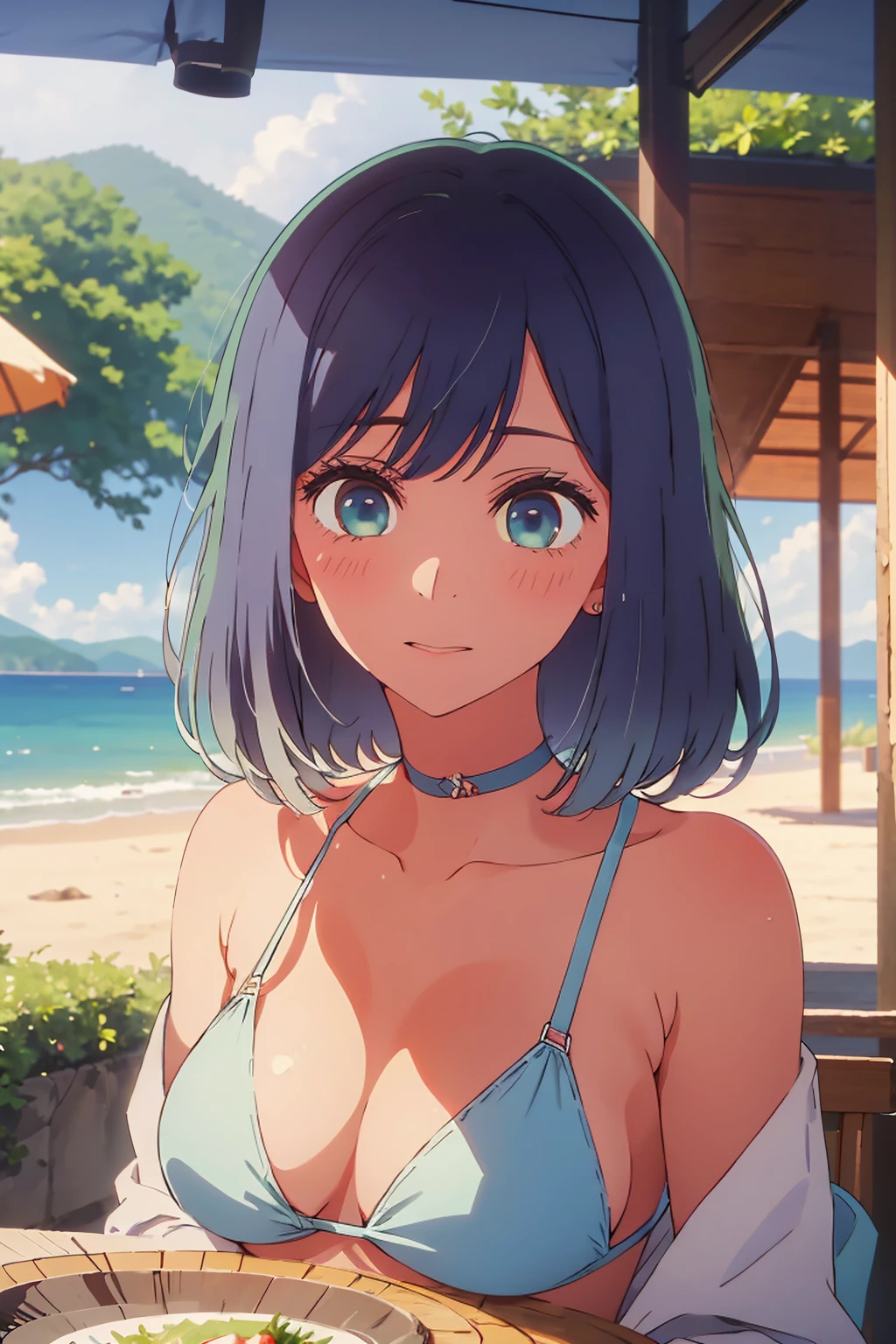 (Highest quality:1.4、masterpiece:1.4、Super detailed:1.4、8k:1.4)、((((1 person、Surprised expression、sit、Cafe Terrace、coastal、juice、table、Sandy Beach、juiceのグラスを持つ、Very soft 、Big eyes、Very cute face))))、(big Areolas protrude from micro bikini:1.4)、F cup bust、Medium breast、Underboob