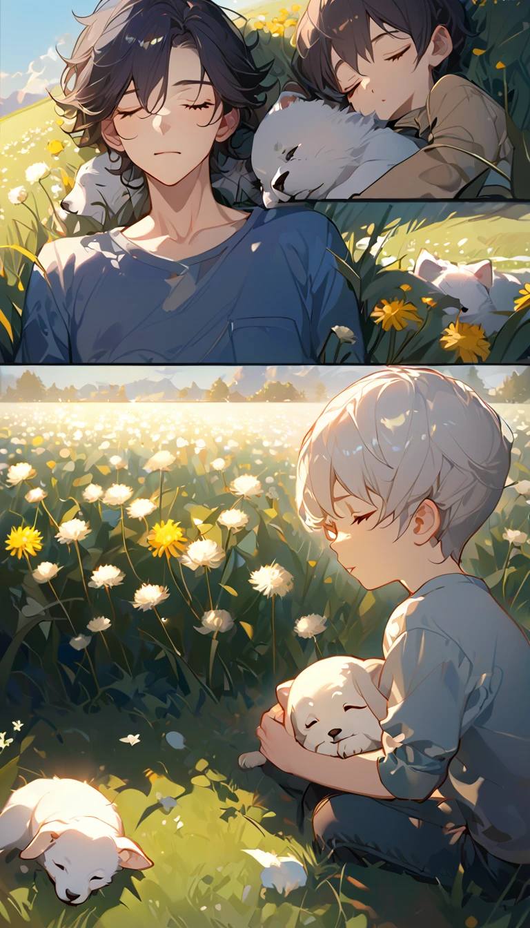 masterpiece, best quality, 8k, 4k, 1boy, ???, sleeping, dark blue hair with red stripes, blue long sleeve shirt, short pale brown pants with pocket, lay down on the field,  white puppy sleeping next to the boy, siberian white puppy, white dandelions fields, dandelions Taraxacum erythrosperm, wind blowing, sleeping on the fields, finely detailed eyes and detailed face, inspired by Asukaziye artist : ask, art style : ask