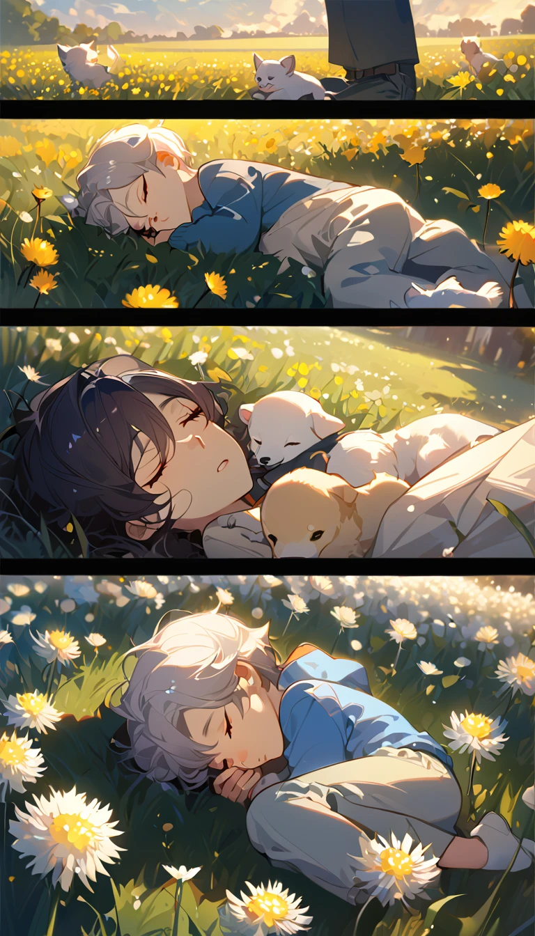 masterpiece, best quality, 8k, 4k, 1boy, kid, sleeping, dark blue hair with red stripes, blue long sleeve shirt, short pale brown pants with pocket, lay down on the field, white puppy sleeping next to the boy, siberian white puppy, white dandelions fields, dandelions Taraxacum erythrosperm, wind blowing, sleeping on the fields, finely detailed eyes and detailed face, inspired by Asukaziye artist : ask, art style : ask