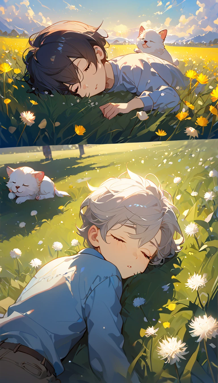 masterpiece, best quality, 8k, 4k, 1boy, ???, sleeping, dark blue hair with red stripes, blue long sleeve shirt, short pale brown pants with pocket, lay down on the field,  white puppy sleeping next to the boy, siberian white puppy, white dandelions fields, dandelions Taraxacum erythrosperm, wind blowing, sleeping on the fields, finely detailed eyes and detailed face, inspired by Asukaziye artist : ask, art style : ask