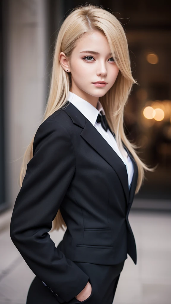 portrait of european girl,solo,20yo,beautiful face,uppser body,hair over one eye,medium sidecut, blonde hair, sharp focus,black business suit