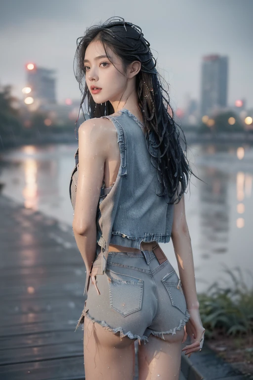 (Extremely detailed CG),(((8K))),wallpaper,((Extremely exquisite and beautiful)),(((masterpiece))),(((Best quality))),(((Ultra-high resolution))),Beautiful light,Realistic shadows,(Smooth and flawless fair skin:1.5),(Extremely delicate facial details:1.2),(Extremely detailed:1.5),((A beautiful girl,Solitary)),(Shoulder-length straight hair:1.2),(wet hair:1.5),(Small head:1.2),(Slender face:1.2),(Exquisite makeup:1.3),(Happy:1.2),(lol:1.2),(Perfect body:1.1),(wet:1.5),(Sweat:1.3),(Glowing skin:1.5),(Broken vest:1.3),(Bare back:1.3),(Towering hips:1.3),(Ragged denim shorts:1.5),((Slim,Thin)),(From the back:1.3),(permanent:1.3),(Butt cracks:1.3),(On the riverside path:1.5),(Cityscape in the distance:1.3),(outdoor:1.3),(early summer:1.3),(Day scene:1.3),(rain:1.3),(Gray:1.5),(Upper Body:1.3)