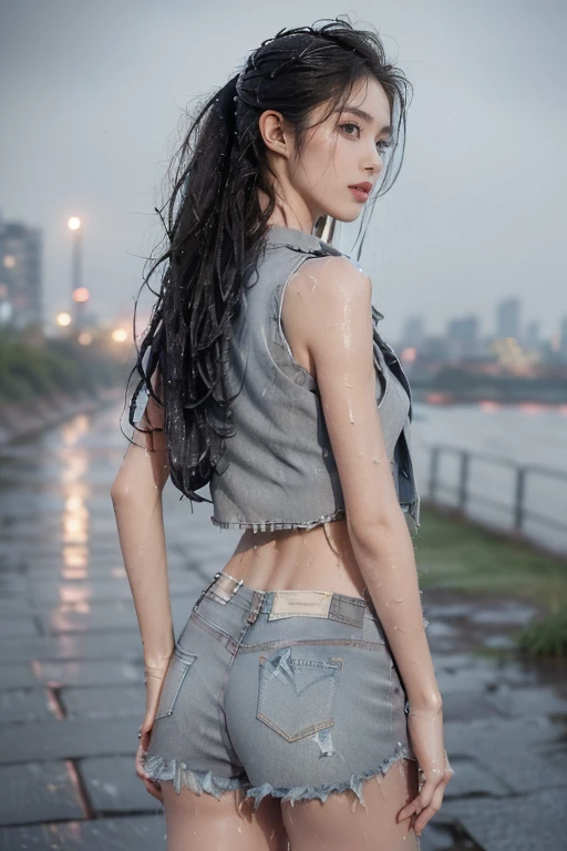 (Extremely detailed CG),(((8K))),wallpaper,((Extremely exquisite and beautiful)),(((masterpiece))),(((Best quality))),(((Ultra-high resolution))),Beautiful light,Realistic shadows,(Smooth and flawless fair skin:1.5),(Extremely delicate facial details:1.2),(Extremely detailed:1.5),((A beautiful girl,Solitary)),(Shoulder-length straight hair:1.2),(wet hair:1.5),(Small head:1.2),(Slender face:1.2),(Exquisite makeup:1.3),(Happy:1.2),(lol:1.2),(Perfect body:1.1),(wet:1.5),(Sweat:1.3),(Glowing skin:1.5),(Broken vest:1.3),(Bare back:1.3),(Towering hips:1.3),(Ragged denim shorts:1.5),((Slim,Thin)),(From the back:1.3),(permanent:1.3),(Butt cracks:1.3),(On the riverside path:1.5),(Cityscape in the distance:1.3),(outdoor:1.3),(early summer:1.3),(Day scene:1.3),(rain:1.3),(Gray:1.5),(Upper Body:1.3)