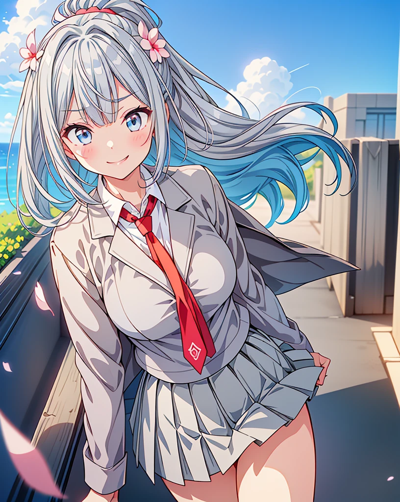 (Highest quality, 32k, High resolution, Masterpiece:1.5, ), One Girl, Cute anime-style illustrations, god々It has a brilliant and healing power., , Expressing emotions, Have a rich imagination, Cute Japanese Girls, Perfect Human ???????, Big light blue eyes, Motherhood and generosity, Deep Love, ((A gentle smile:1.6)), Shiny blue hair, Ponytail swaying in the wind, Asymmetrical bangs, Hair between the eyes, Transparent, soft white skin, Sharp eyebrows, Thin lashes, Natural Makeup, Cheek highlighter, Detailed and cute lips, (Grey blazer with red tie:1.2), ((Grey pleated skirt:1.2)), Slim figure with ample breasts, Beautifully detailed skies, ((Vibrant petal effect:1.2)), god秘的