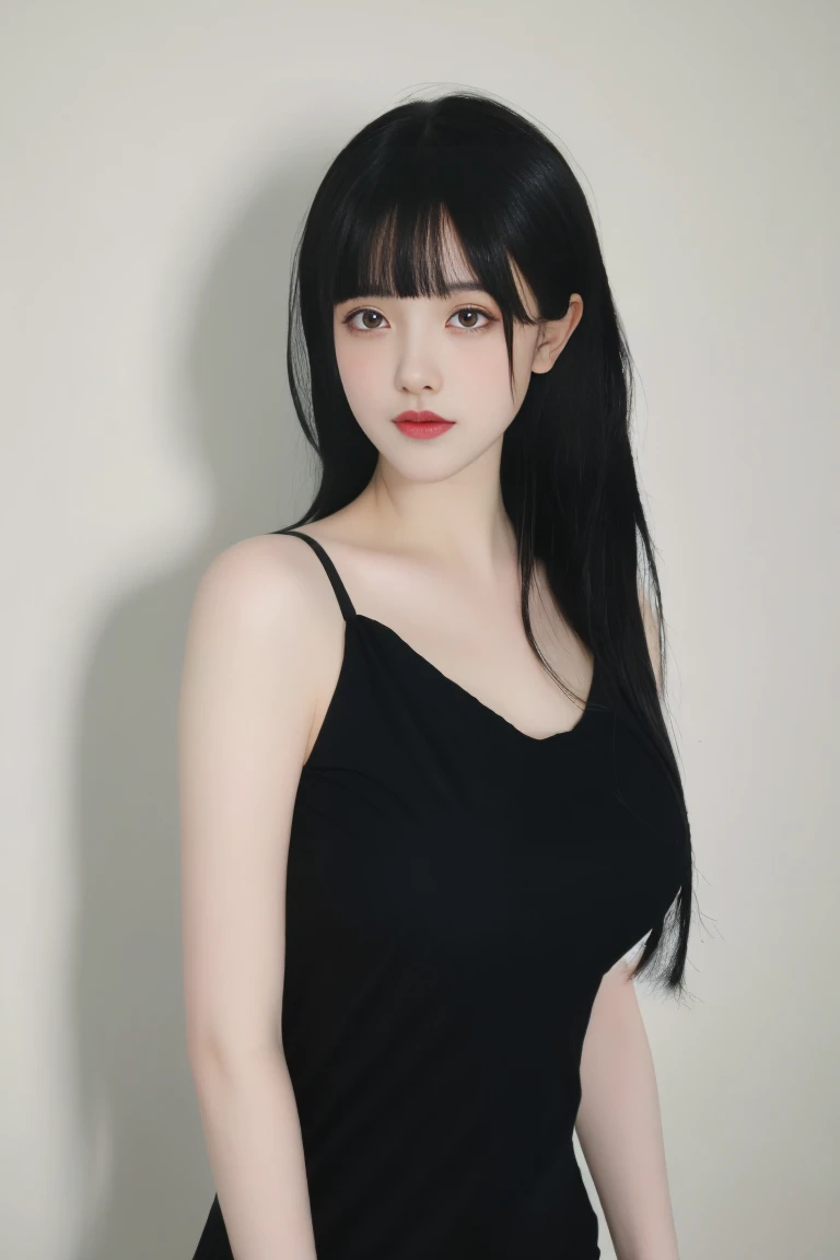 ulzzang-6500-v1.1,(raw photo:1.2),((photorealistic:1.30)), ((best quality)) ,((masterpiece)),((Ultra High Resolution)), ((Clear View)),,Ultra-high resolution,Clear face,（Reality：1.4) ,  illustration, an extremely delicate and beautiful, extremely detailed ,CG ,unity ,8k wallpaper, Amazing, finely detail, masterpiece,best quality,official art,extremely detailed CG unity 8k wallpaper,absurdres, incredibly absurdres, huge filesize, ultra-detailed, highres, extremely detailed,beautiful detailed girl, extremely detailed eyes and face, beautiful detailed eyes,light on face,cinematic lighting,1girl, 独奏, long hair, black hair, bangs, jewelry, Earring, (upper body),((looking at viewer:1.7)),indoors, Dress, (black dress), standing,