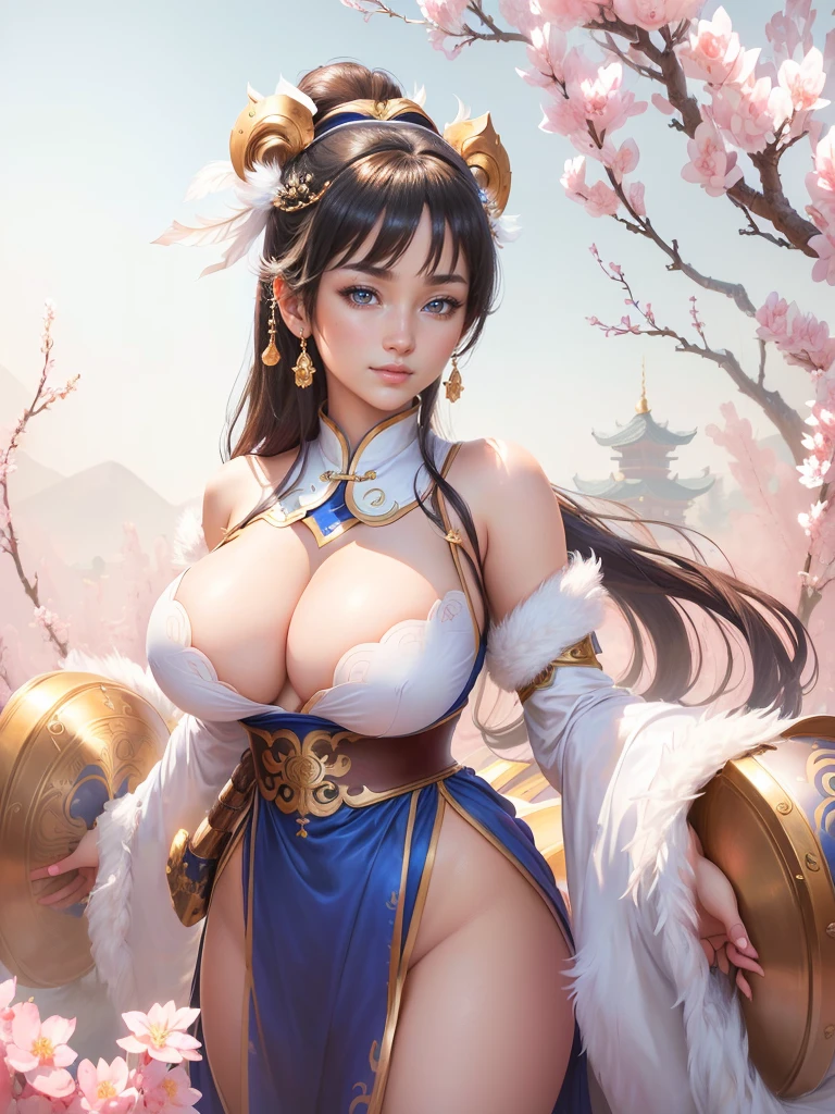anime girl in a silver dress with a feather on her head, yun ling, portrait of chun li, portrait of chun - li, inspired by Li Mei-shu, chun li, full body xianxia, highly detailed exquisite fanart, inspired by Pu Hua, inspired by Ju Lian, yang qi, lei min, mai shiranui, chun - li, Highly detailed CG unit 8k wallpaper, masterpiece, High resolution, highest quality, highest quality real texture skin, Super Real, Digital Painting, Best image quality, 最High resolution, 8k, ((Highly detailed eyes and face, Beautiful eyes every detail)), 1girl, Full Body Shot, Saggy breasts, Gravity-dependent breasts, long chest, Heavy chest, disproportionate breasts, huge breasts, sagging breasts, gigantic breasts, erect nipple, Cleavage, smile, happy, Fun,