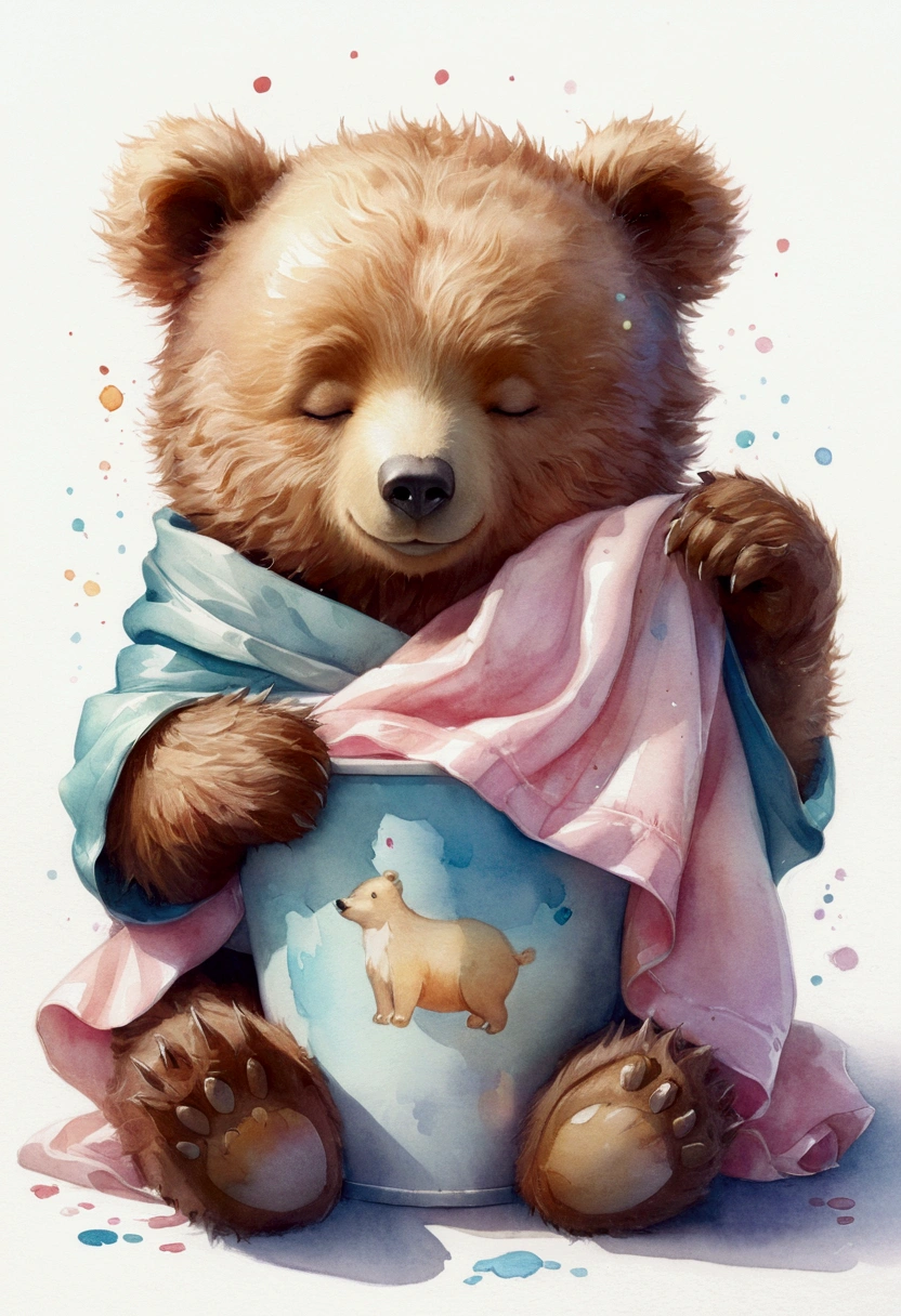 Beautiful little bear, Volumetric Light, Ultra-realistic, Intricate details, shape, Painting, watercolor, Cute Chibi, Sleep, close your eyes，ah!, Shallow depth of field, Pastel Color Palette, Soft lighting, minimum, Modern, Digital Painting, Lois van Baerle、Ross Tran、Art by artgerm, Artstation HQのトレンド, Very detailed