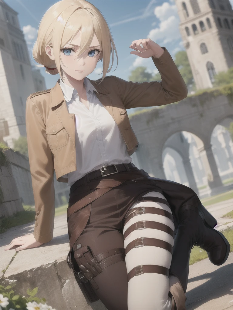 masterpiece, Highest quality, High resolution, Castle ruins, Day, sunny, Serious expression, One girl, alone, View your viewers, smile, Sit on the ground, history, Krista Lentz, Blonde, blue eyes, Hair between the eyes, short hair, ponytail, Official Art, Jacket, brown Jacket, Symbolism, belt, Thigh straps, pants, white pants, boots, shirt, white shirt, collared shirt