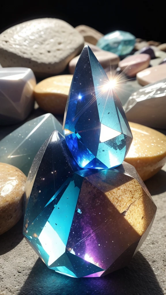 [Transparent crystal stones shining colorful light] [focusing] in the sunlight.