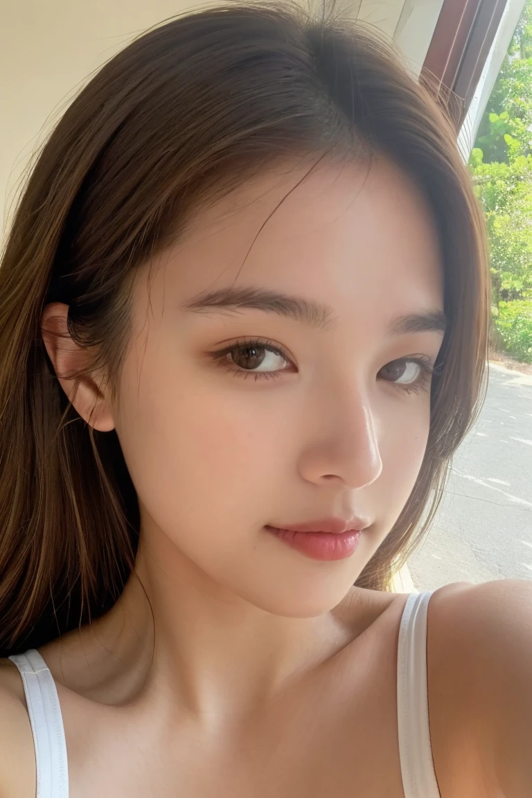 Young pretty woman taking selfie, Taken with old iPhone camera、brown Hair、reality、in real life、photograph、Highest quality、can't tell the difference from reality, a selfie for Instagram profile, Skin that is not too perfect, ultra super realistic, 2 million pixels, not too perfect, Not an AI-generated image, fine quality, 32K, highest quality, grey eyes, natural image, 8K, raw image, shadow is natural, shadow is realistic, at home, There's a shadow on her face, woman worker