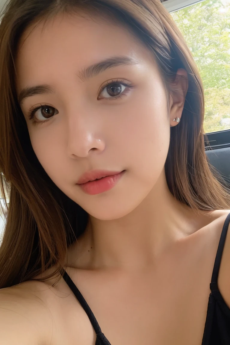 Young pretty woman taking selfie, Taken with old iPhone camera、brown Hair、reality、in real life、photograph、Highest quality、can't tell the difference from reality, a selfie for Instagram profile, Skin that is not too perfect, ultra super realistic, 2 million pixels, not too perfect, Not an AI-generated image, fine quality, 32K, highest quality, grey eyes, natural image, 8K, raw image, shadow is natural, shadow is realistic, at home, There's a shadow on her face, woman worker