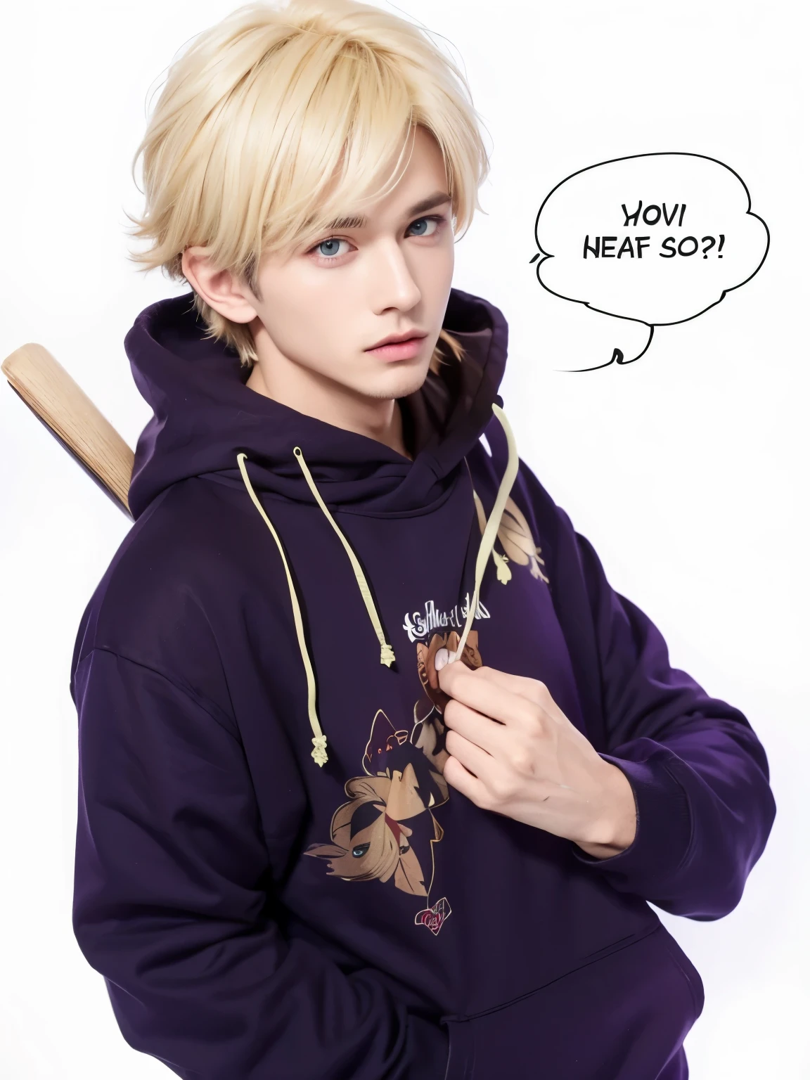 Handsome boy, comma hair style, blonde hair, ( green eyes 2.1 ) Wearing a purple hoodie