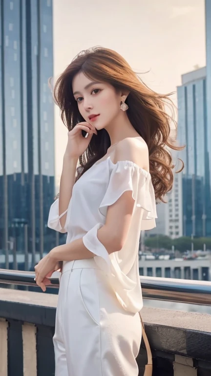 {{{Super detailed}}}, {{{Realistic}}}, {{{Depth of written boundary}}}, whole body, From the side, Tilt your head, Very detailed, Long Get, 1 female, 30 years old, Very long hair, Curly Hair, High Ponytail, Light brown hair, Beautiful and delicate hair, Perfect Face, Delicate arms and hands, Slim legs, White skin, Earrings, Larger clothes, Big Top Sleeves, Black trousers, Open clothes, Cityscape, Delicate background, Blurred Background, Very delicate and beautiful, {{{wallpaper 8k CG}}}, {{{Highest quality}}}, {{{Masterpiece}}},