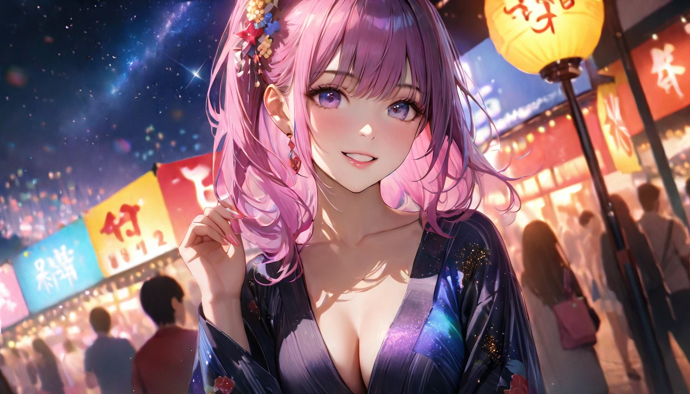 Summer festival,Date with her,night, Starry Sky,yukata,Gazing at the sky,high school girl,smile,Glitter effect,Highest quality, 8k, High resolution, masterpiece:1.2, Very detailed, Realistic:1.37, High resolution, 超High resolution, Ultra-fine painting, Very detailed, Professional, Vibrant colors